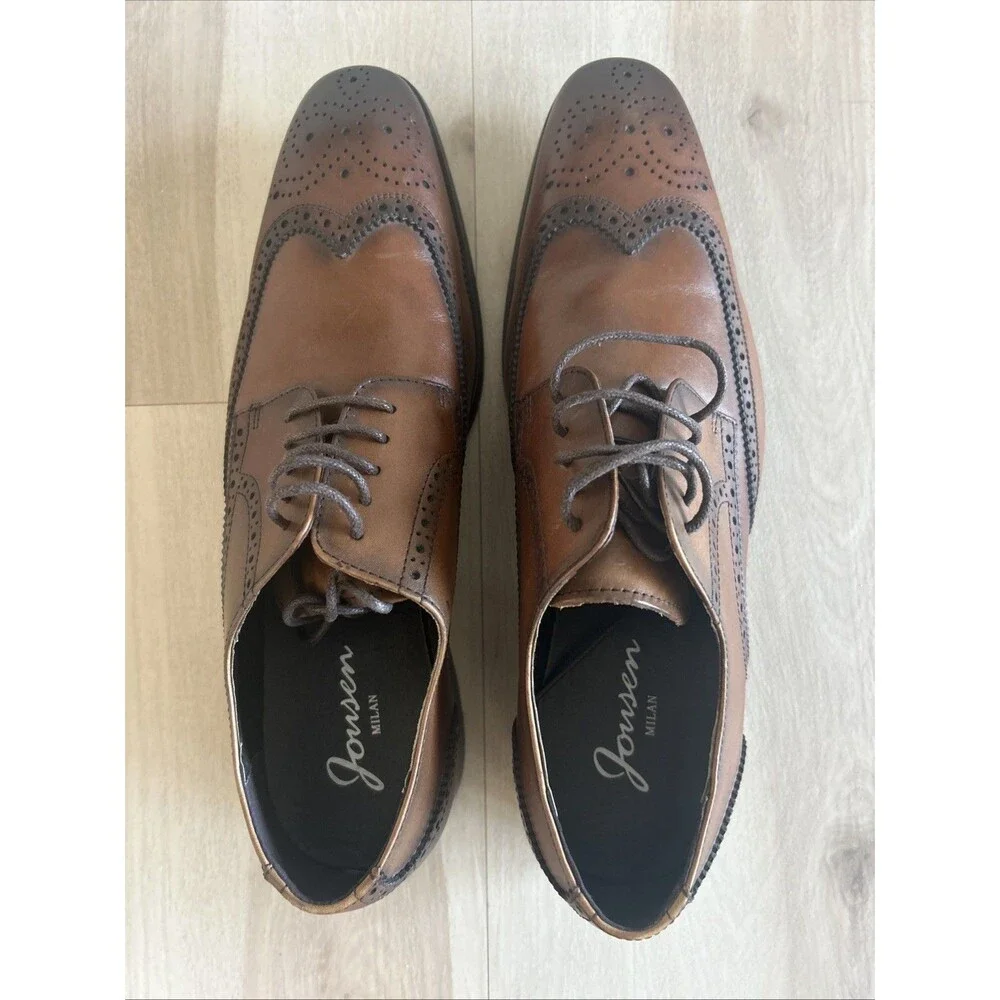 Jousen Men’s Wingtip Brogue Oxford Dress Shoes Brown Leather Size 13 Cognac